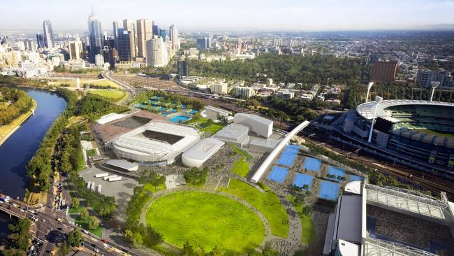 An aerial view of the spectacular Melbourne Park sporting precinct with the city at the top and MCG to the left.