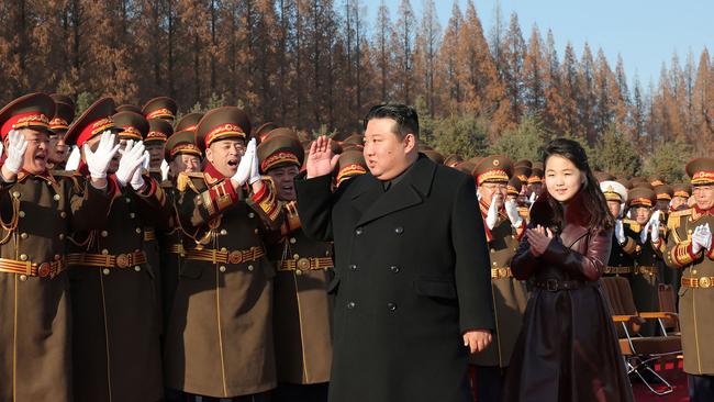 North Korea's leader Kim Jong Un and his daughter Ju Ae visiting the Ministry of National Defence in Pyongyang to mark the 76th founding anniversary of the Korean People's Army. Picture: KCNA via KNS/AFP