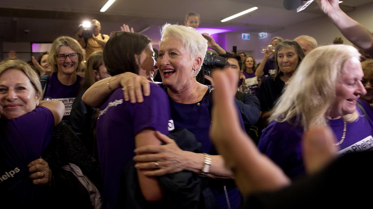 Kerryn Phelps (centre) is congratulated by supporters. Picture: Chris Pavlich/AAP