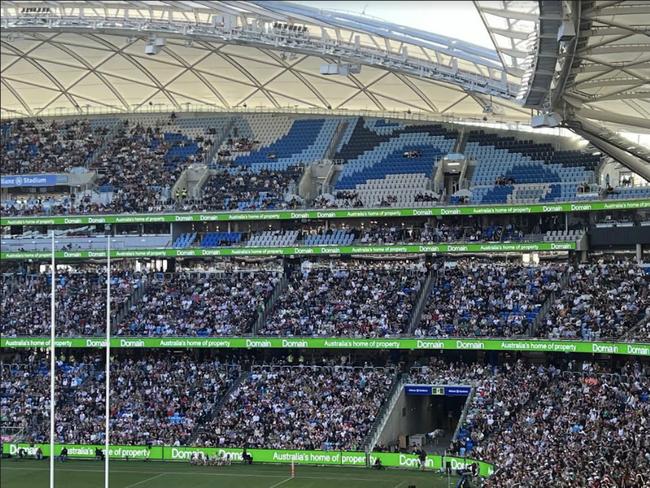 Thousands of empty members seats at the Sydney Roosters and South Sydney Rabbitohs NRL finals game at Allianz Stadium.