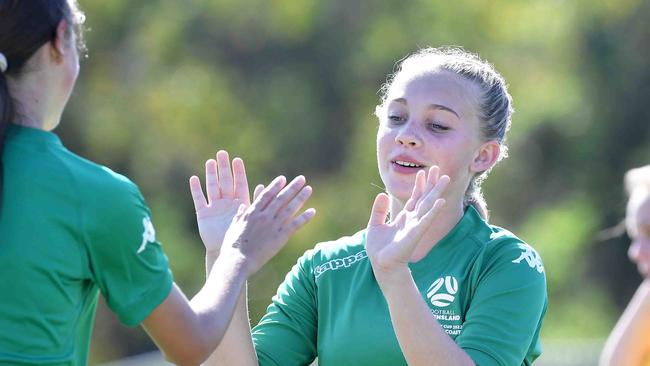 Football Queensland Community Cup carnival, Maroochydore. U13-14 girls, Sunshine Coast V Darling Downs. Picture: Patrick Woods.