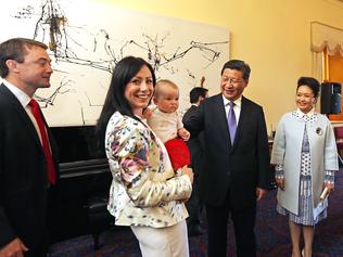 Scott Bacon’s daughter Ruby, 7 months, pictured with her mother Chantel Crossman, was a hit with President Xi and his wife Madame Peng.