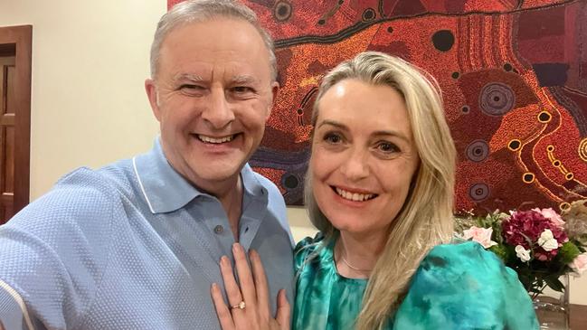 Australia's Prime Minister Anthony Albanese and Jodie Haydon posing for a selfie photo after becoming engaged.