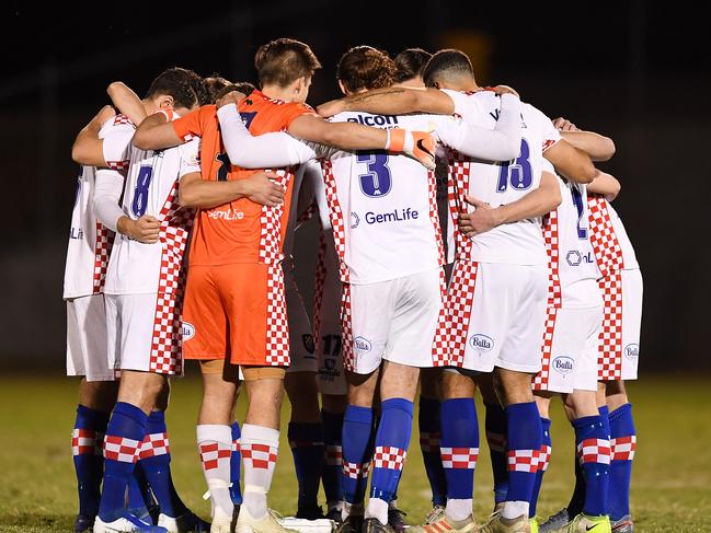 BRISBANE, AUSTRALIA - SEPTEMBER 15: The Gold Coast Knights huddle before the NPL Queensland Grand Final match between the Gold Coast Knights and Olympic FC at Perry Park on September 15, 2019 in Brisbane, Australia. (Photo by Albert Perez/Getty Images)