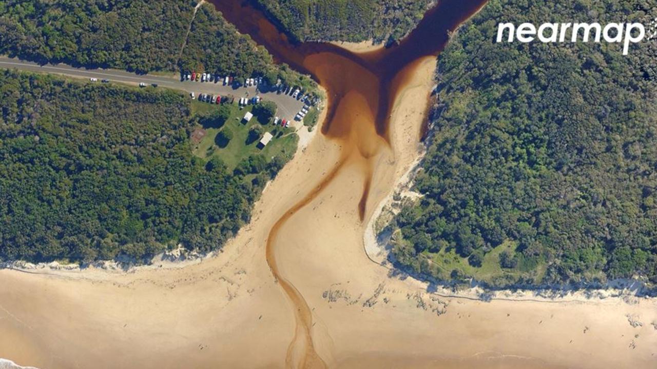 Stumers Creek at Coolum Beach. Aerial imagery by Nearmap.