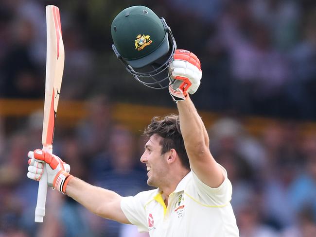 A jubilant Mitchell Marsh celebrates his first Test century at the WACA Ground on Saturday.