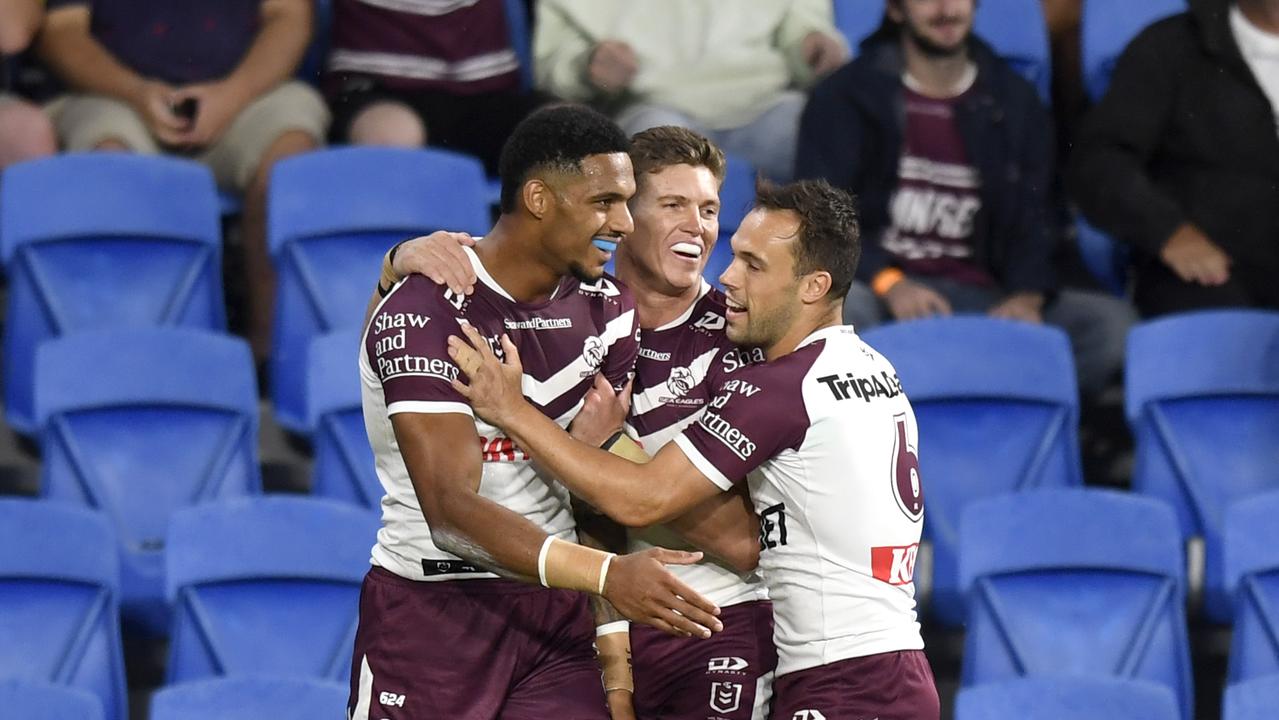 Manly have held their spot in the top eight, surviving a Des Hasler ambush in a 64-point extravaganza. Picture: NRL Imagery