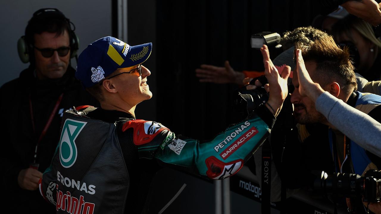 Fabio Quartararo celebrates his pole position after qualifying. Picture: Pierre-Philippe Marcou