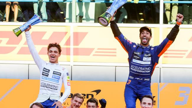 McLaren teammates Daniel Ricciardo (right) and Lando Norris celebrate their 1-2 finish at Monza. Picture: Getty Images