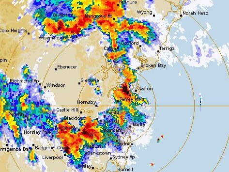 Storm activity over Sydney, with the red spots showing intense storms. Picture: Bureau of Meteorology