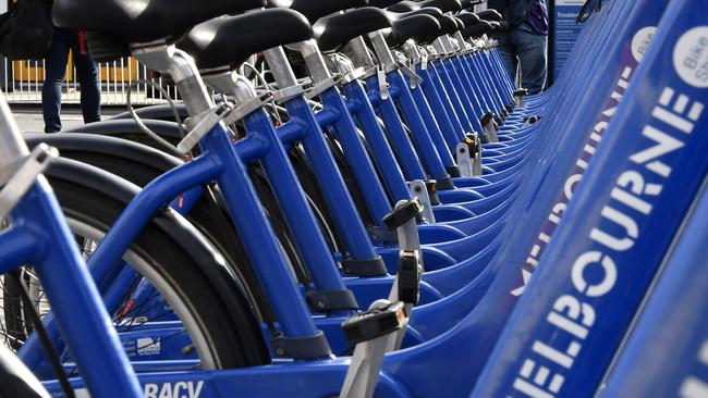 Melbourne bikes not being used in Flinders Street. Picture: Andy Brownbill