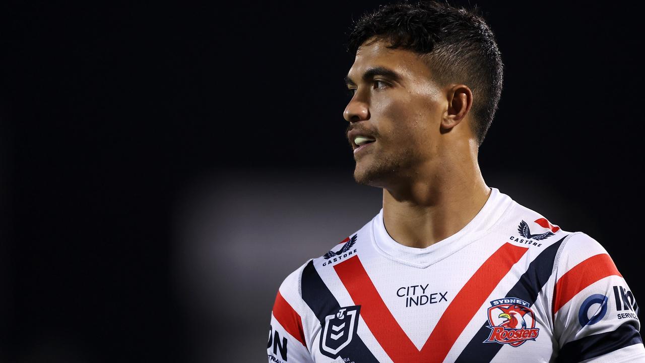 PENRITH, AUSTRALIA - MAY 12: Joseph-Aukuso Suaalii of the Roosters looks on during the warm-up before the round 11 NRL match between Penrith Panthers and Sydney Roosters at BlueBet Stadium on May 12, 2023 in Penrith, Australia. (Photo by Mark Kolbe/Getty Images)