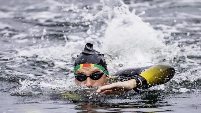 Nick Thompson was second out of the water in the swimming leg of the Ironman 70.3 Tasmania in Hobart on Sunday 4th February. Picture: Linda Higginson