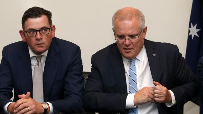 Prime Minister Scott Morrison, with Premier Dan Andrews, offered a critical assessment of Victoria’s handling of the virus crisis. Picture: Anna Rogers