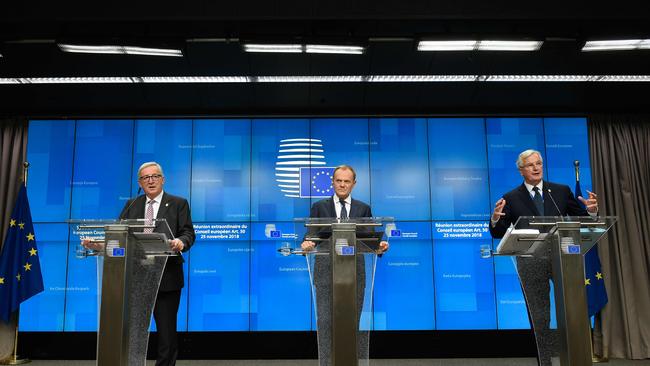 European Commission President Jean-Claude Juncker, left, European Council President Donald Tusk and EU chief Brexit negotiator Michel Barnier in Brussels. on Sunday. Picture: AFP