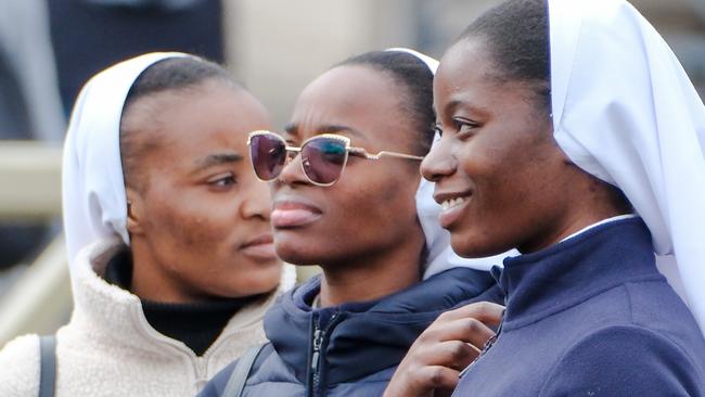 Nuns from Angola send prayers for Pope Francis in St Peter’s Square. Picture: Jacquelin Magnay