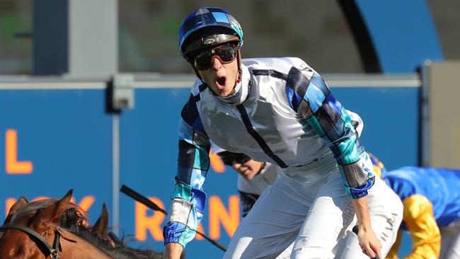 Dylan Gibbons celebrates his first Group 1 victory after landing the Sydney Cup. Picture: Jeremy Ng/Getty Images