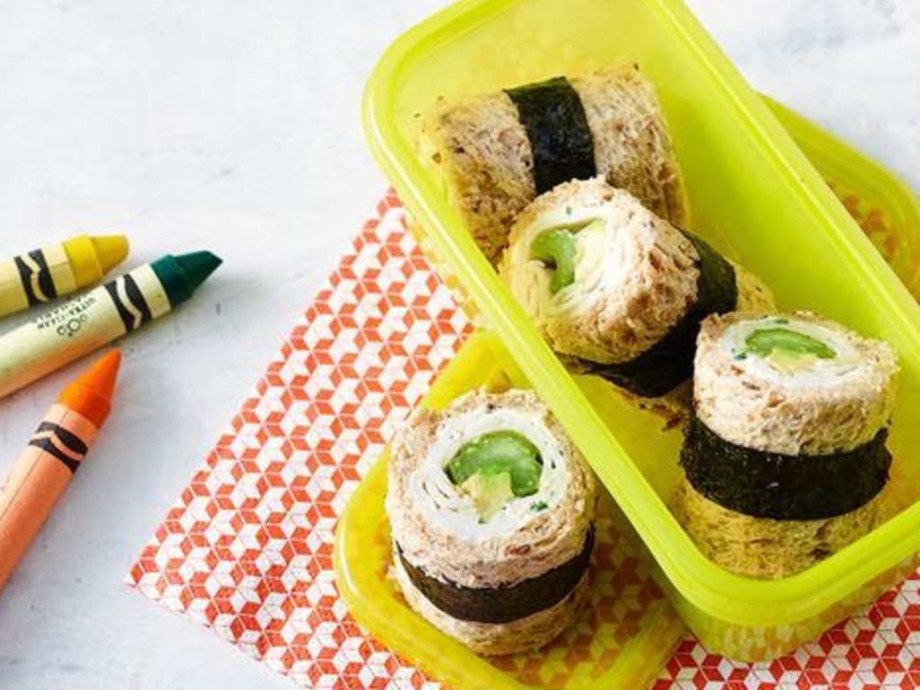 Chicken and avocado sushi sandwich.