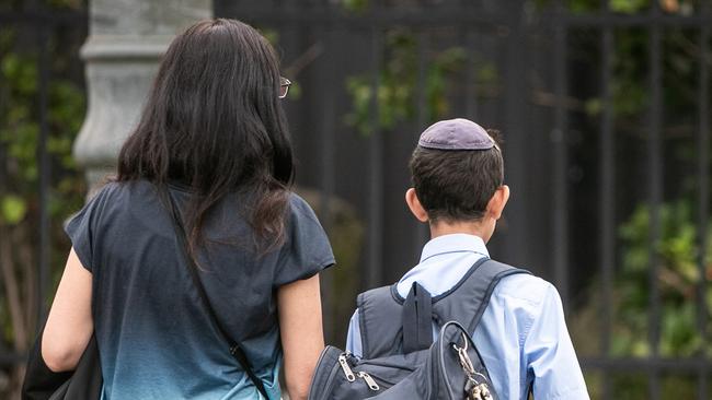 Students arrive at Mount Sinai College in Maroubra in Sydney’s east for their first day of school on Friday. Picture: Julian Andrews