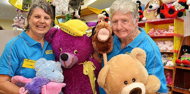 THEY’RE BACK: Lorraine and Roger Broadley are back in business and yesterday re-opened Mary St’s Toyworld (with a little help from teddy bear mates). Picture: Renee Pilcher