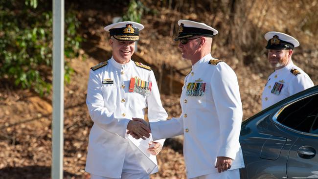 Rear Admiral Brett Sonter greeting senior commanders arriving on-site. Picture: Pema Tamang Pakhrin