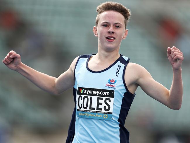 Liam Coles celebrates winning the under-14 boys 200m final. Picture: Matt King