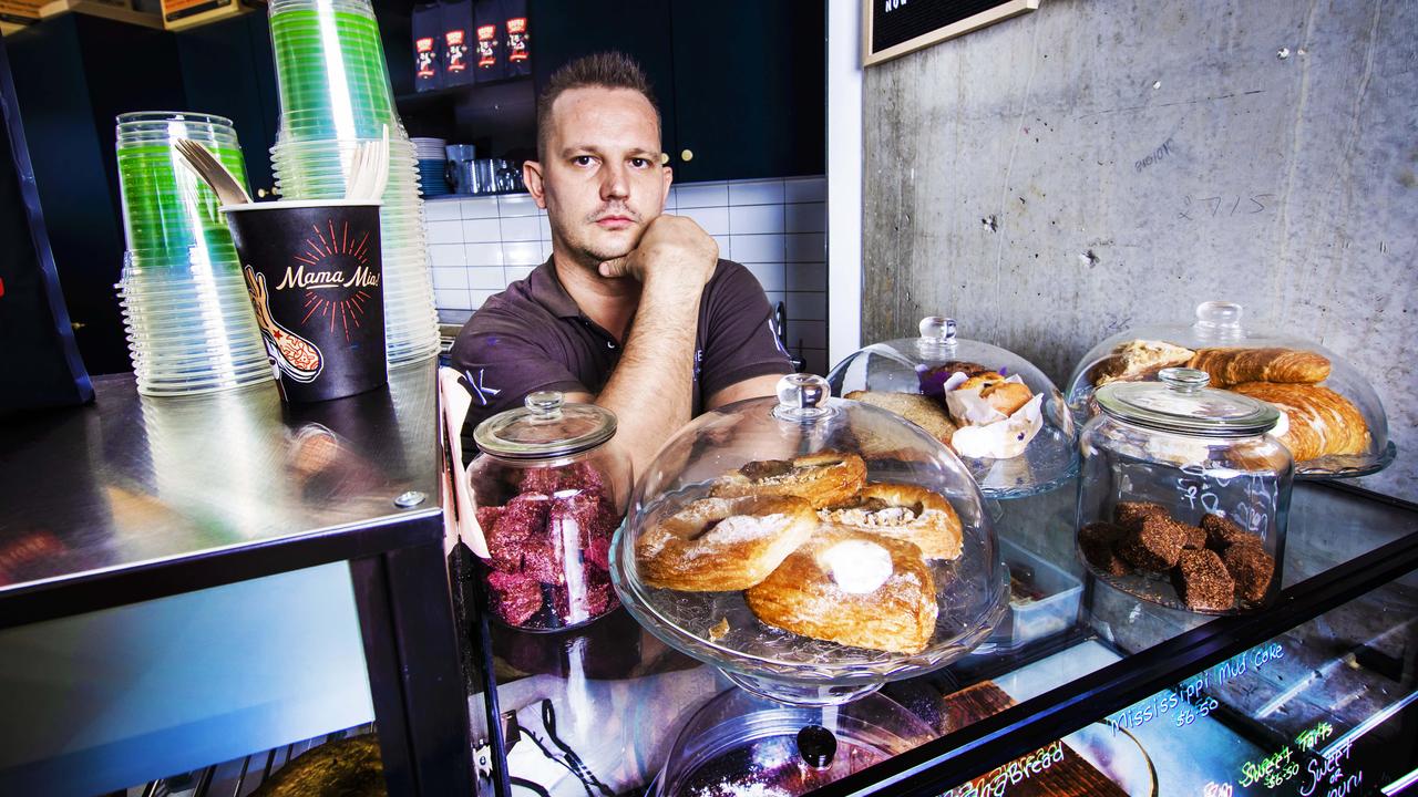 Chef/owner Scott Webster at his cafe Kould Be Anywhere in Woolloongabba, which has had to increase the price of coffee and food to help cover rising costs. Picture: Nigel Hallett