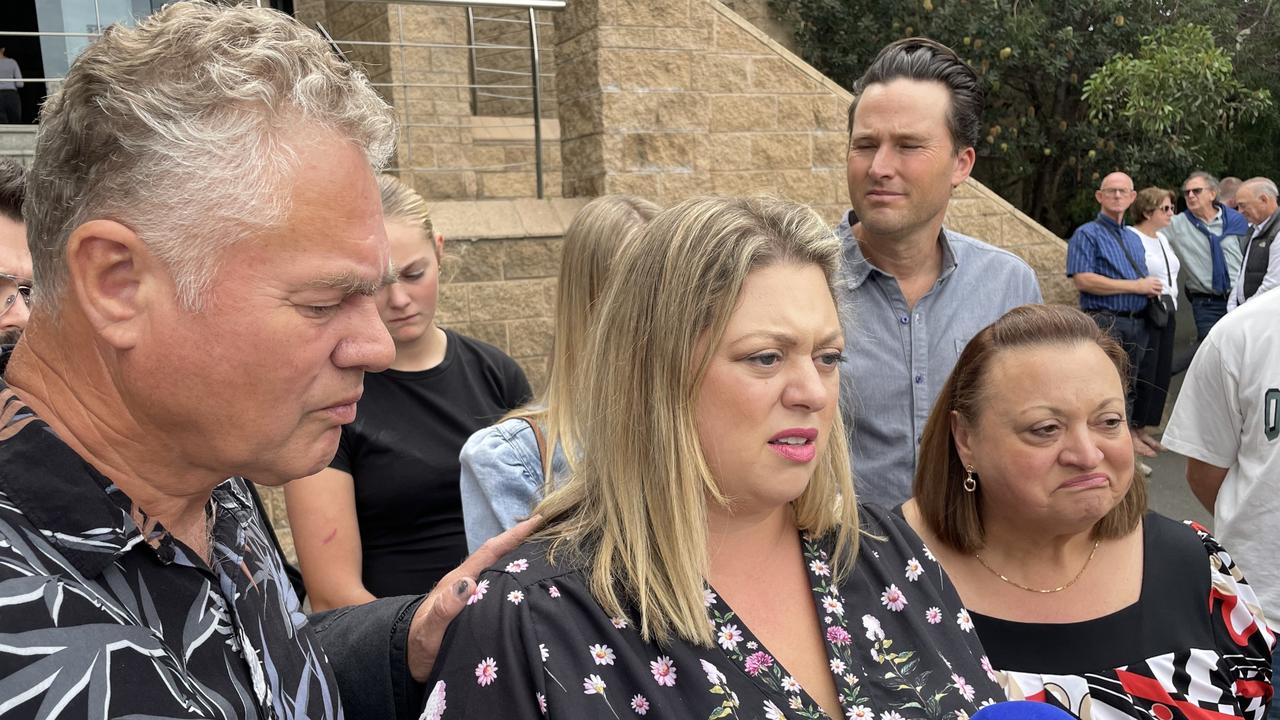 Paul Grapsas' wife Jessica Grapsas, supported on either side by her parents, speaking outside Geelong Law Courts following the sentencing his killer, Bailey Clifford.