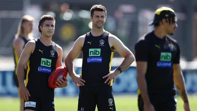 Richmond’s Trent Cotchin (C) has handed over captaincy duties. Picture: Michael Klein.