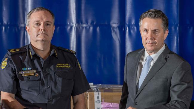 Health Minister Mark Butler, left, and Australian Border Force assistant commissioner, Chris Waters. Picture: NCA NewsWire / Ben Clark