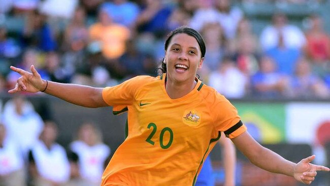 Samantha Kerr celebrates a goal during the Matildas’ 6-1 thrashing of Brazil.