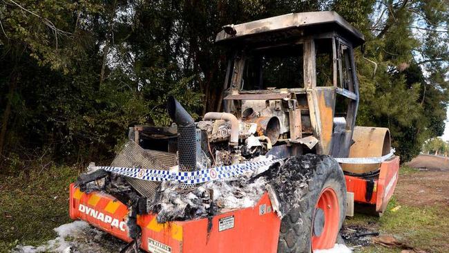 BURNT OUT: A Lismore City Council road roller was destroyed by fire on Winterton Pde, Lismore, near the racecourse. Picture: Cathy Adams