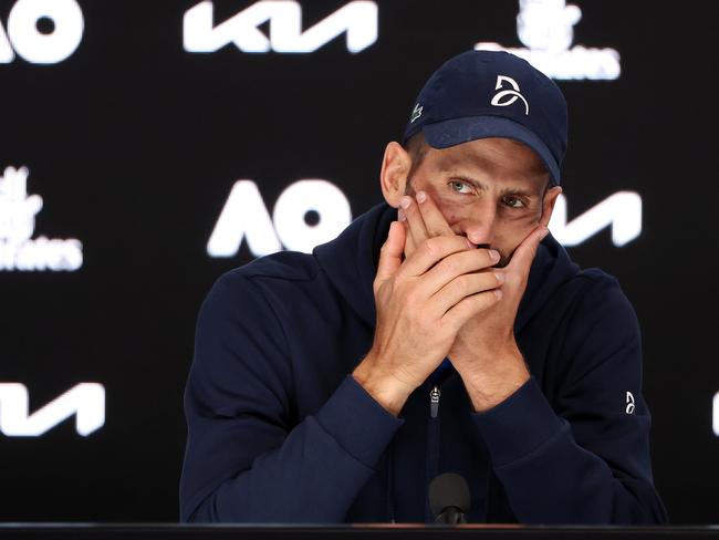 MELBOURNE, JANUARY 24, 2025: 2025 Australian Open Tennis, day thirteen. Novak Djokovic (SRB) gives a press conference after retiring injured against Alexander Zverev (GER) during their mens singles  semifinal match on Rod Laver Arena. Picture: Mark Stewart