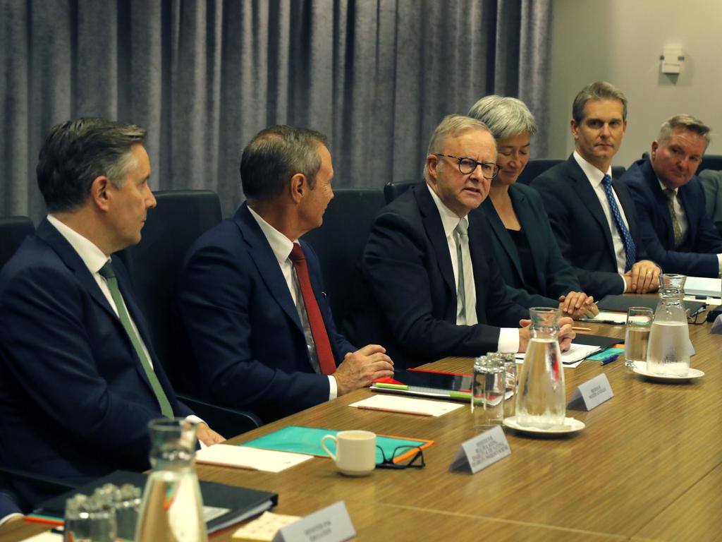 PERTH, AUSTRALIA - NewsWire Photos - June 3rd 2025: The Prime Minister, Anthony Albanese, hosts a Federal Cabinet meeting in Perth today with Premier Roger Cook as guest (at left of  PM); Exchange Tower, Perth, WA. Picture: NewsWire/Philip Gostelow