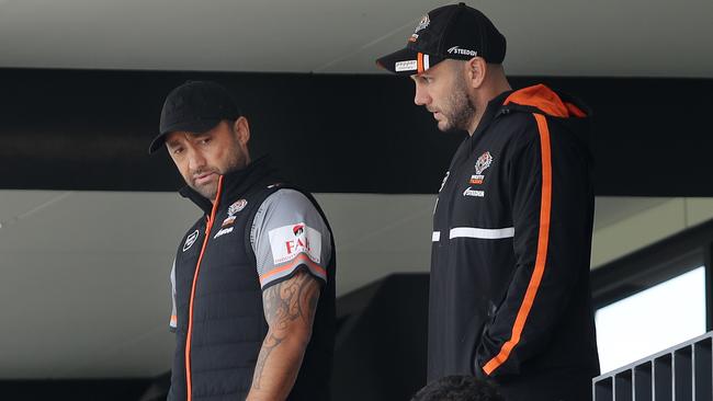 West Tigers training at Concord Oval in Sydney are coaches Benji Marshall and Robbie Farah. Picture: Richard Dobson