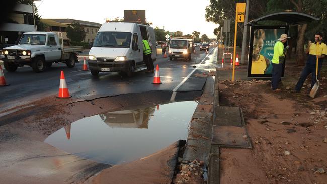 The burst water main created a hole on Greenhill Road. Picture: Sarah Reed