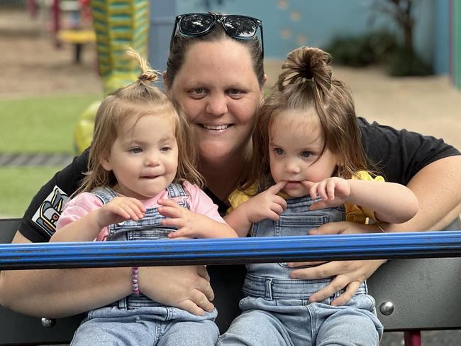 Jade Olsen with her daughters Maddy and Rhylee. A doctor’s report confirmed Rhylee fractured her leg. Picture: Supplied