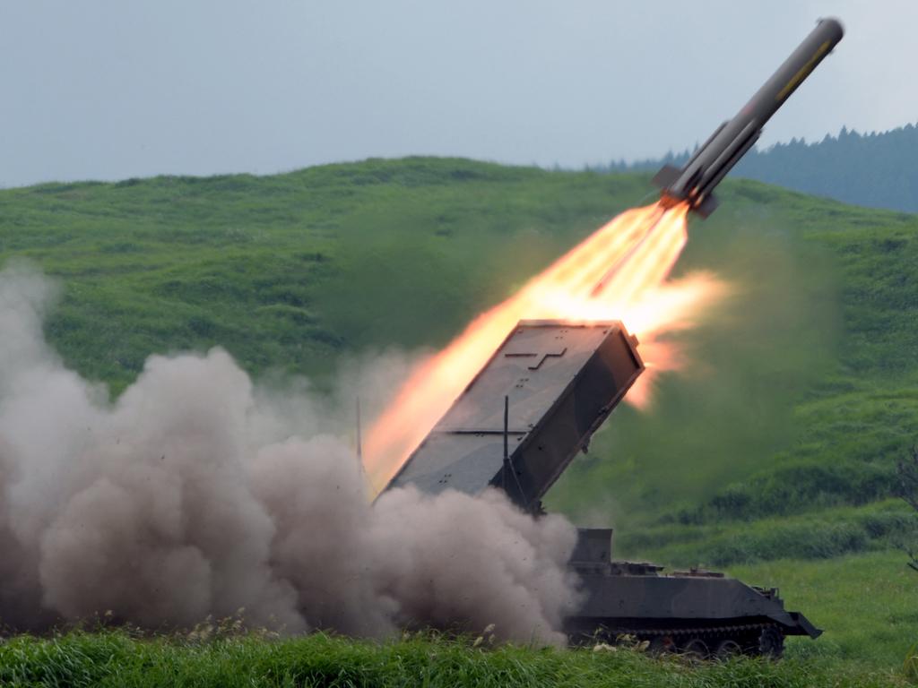 A Japanese Ground Self-Defence Force type-92 anti-mine rocket launcher firing a missile during an annual live fire exercise at the Higashi-Fuji firing range in Gotemba, at the foot of Mt Fuj. Picture: Toshifumi Kitamura/AFP