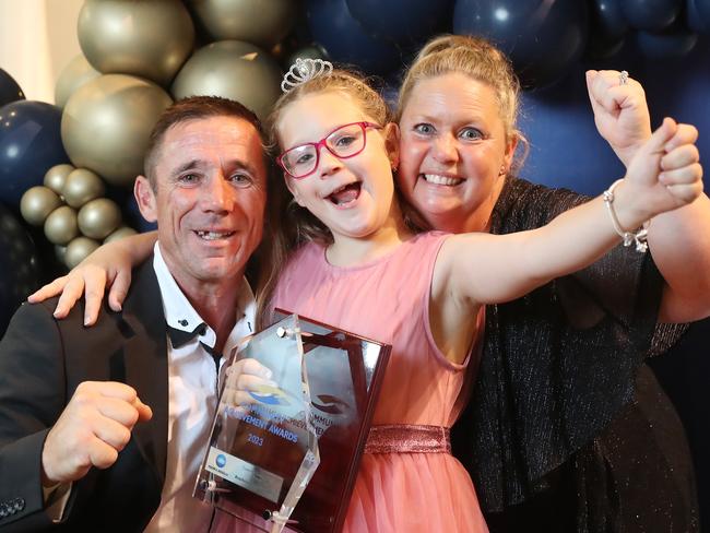 2023 Community Achievement Awards, Sofitel on Collins, Melbourne,   Customer Service Award - Beachcomber Holiday Units, Rebecca & Marty Hayes, daughter  Matilda, 8,     Picture Yuri Kouzmin