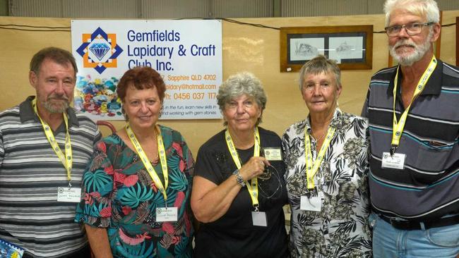 Geoff Pocock, Dianne Pocock, Christelle Korn, Sylvia Rendells, Geoff Benecke represent the Gemfields lapidary club at Gemboree 2019. Picture: Jann Houley