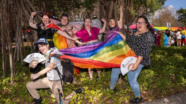 Tyeson Miller, Ace Parton, Emily Morgan, Shiloh Dacey, Jay Hona and Leonardo Bohm at the 2023 Top End Pride March. Picture: Pema Tamang Pakhrin