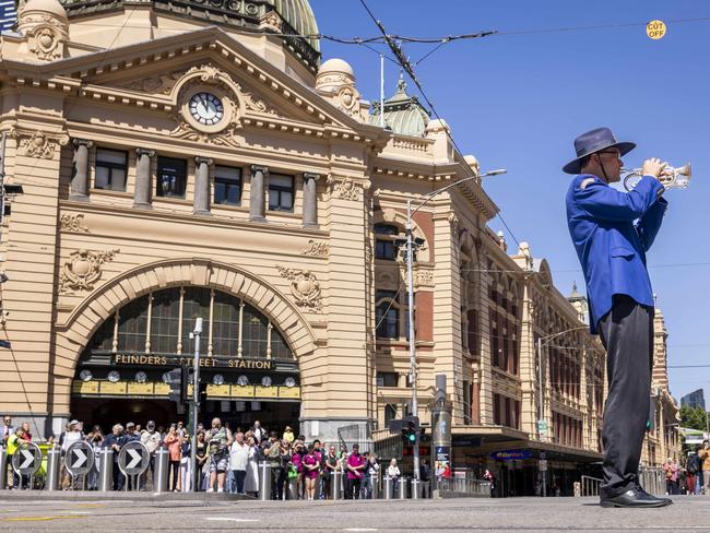 As part of RSL VictoriaÃs annual Remembrance Day activity at Flinders st station. The Last Post  being played by Richard Loo from  Stonnington City.Picture by Wayne Taylor 11th November 2024