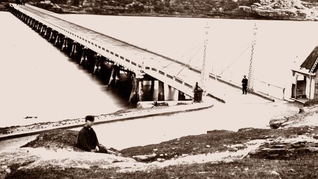 Wooden structure of original & first Glebe Island Bridge, Blackwattle Bay, built in 1857 & demolished when second bridge built, photo taken in 1870, originally known as Blackbutt's Bridge Historical New South Wales (NSW) / Bridges