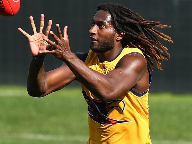 PERTH, AUSTRALIA - AUGUST 14: Nic Naitanui works on leading and marking drills during a West Coast Eagles AFL training session at Domain Stadium on August 14, 2017 in Perth, Australia.  (Photo by Paul Kane/Getty Images)