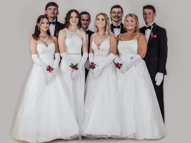 Moranbah Debutante Ball 2022 )back, from left) Slayde Brookman, Brad Eglinton, Clayton Busk, Harrison Ney and (front, from left) Lilli Turner, Morgan Stockwell, Kasey Harris, Isabella King. Picture: Contributed