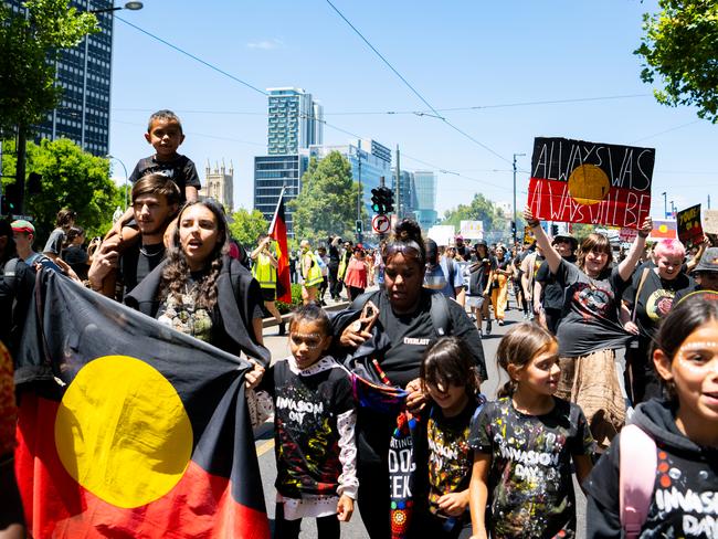 ADELAIDE/ KAURNA YARTA, AUSTRALIA - NewsWire Photos JANUARY 26, 2023: Scenes from a Survival Day march at Tarndanyangga/Victoria Square, through to King William Street in Adelaide CBD. Picture: NCA NewsWire / Morgan Sette