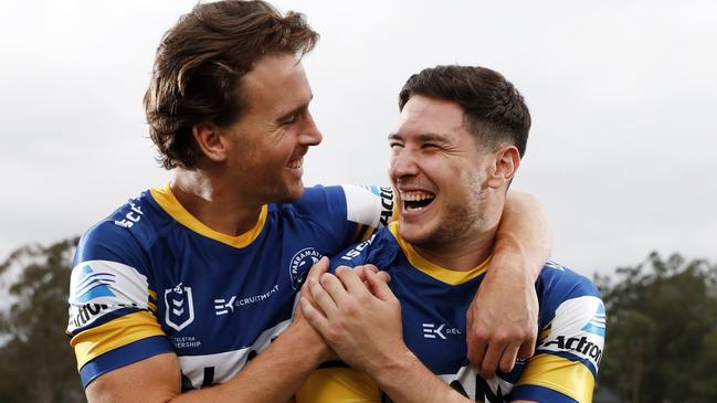 Parramatta Eels captain Clint Gutherson and Mitchell Moses at Kellyville Park. Picture: Jonathan Ng