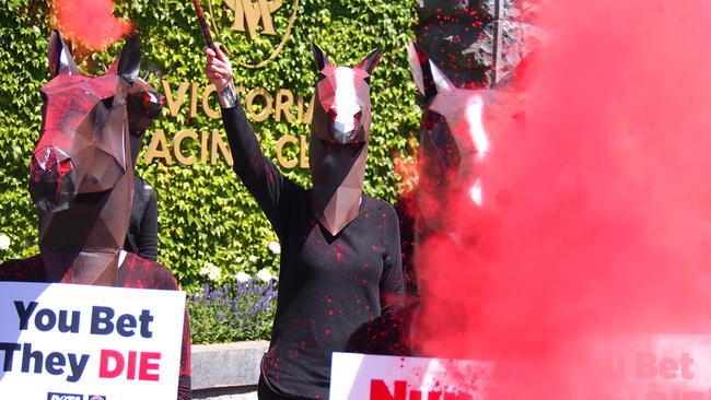 PETA joined forces with the CPR to protest against the Melbourne Cup. Picture: PETA