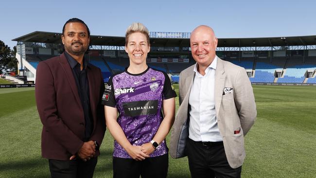 Aby Shukla Sharkninja managing director Australia and New Zealand with Elyse Villani Hobart Hurricanes captain and Dominic Baker CEO Cricket Tasmania. Bellerive Oval will now be known as Ninja Stadium after a new naming rights agreement. Picture: Nikki Davis-Jones