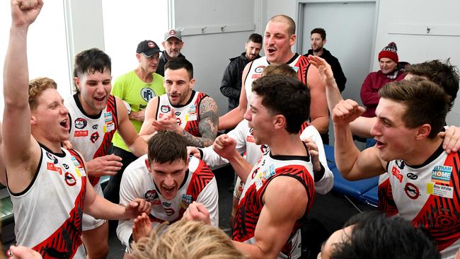 NFNL: A victorious Eltham sings the song in the rooms. Picture: Josh Chadwick